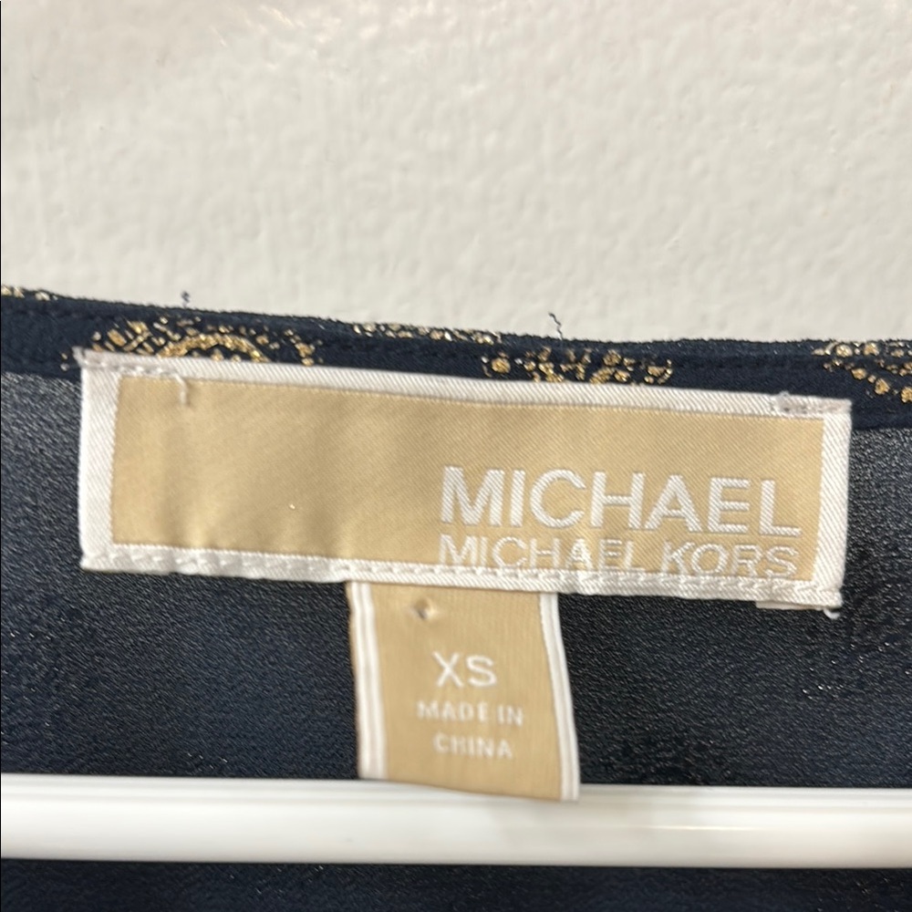 Michael Kors Blue and Gold Patterned Blouse-Tie front - Picture 2 of 5